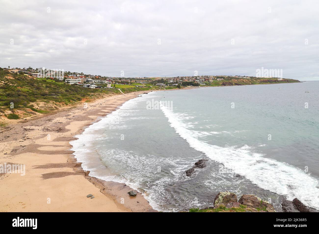 View of the sea and beach from lookout point at Hallet Cove in South Australia Stock Photo