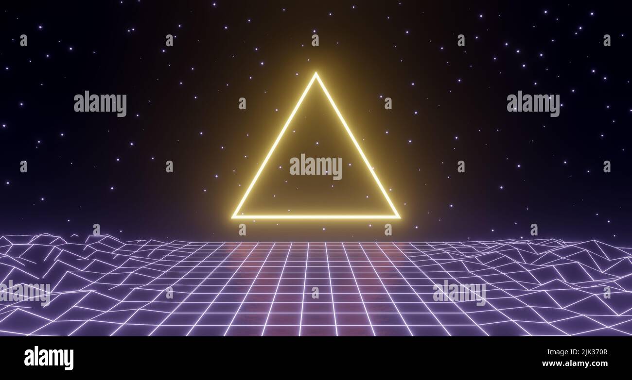 3d render, neon glowing geometric shape, retro wireframe poster Stock ...