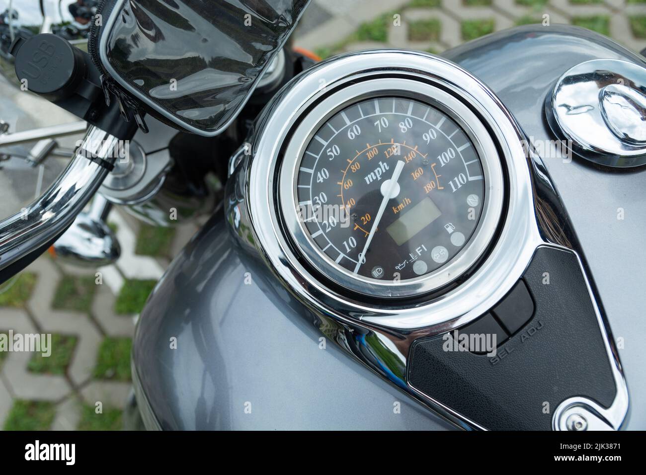 View of the speedometer on the fuel tank of a motorcycle Stock Photo