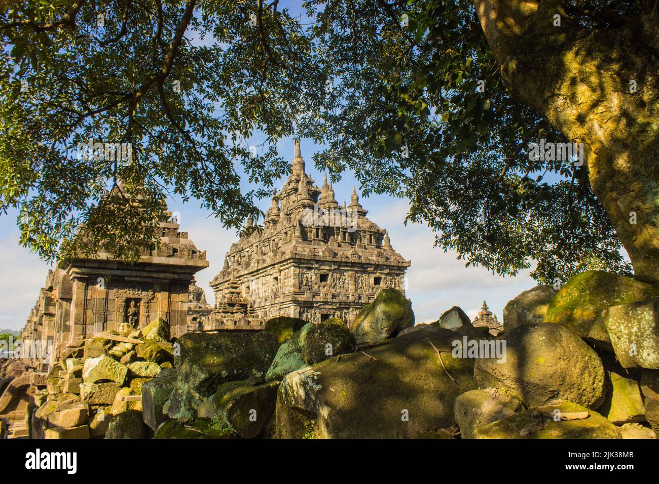 Candi Plaosan, a Buddhist temple located in Klaten Central Java, Indonesia, with a background of Mount Merapi Stock Photo