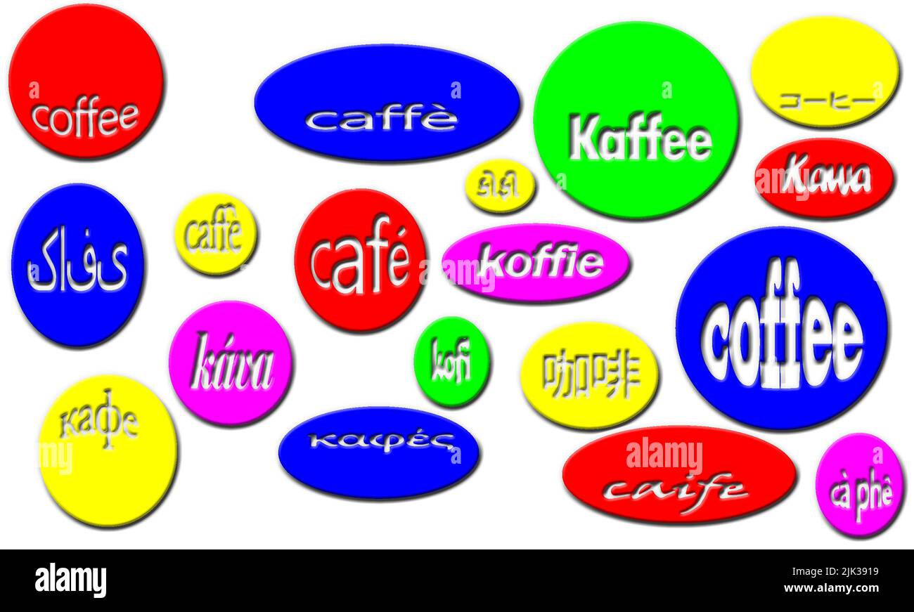 'Coffee' translated into different foreign languages and scripts Stock