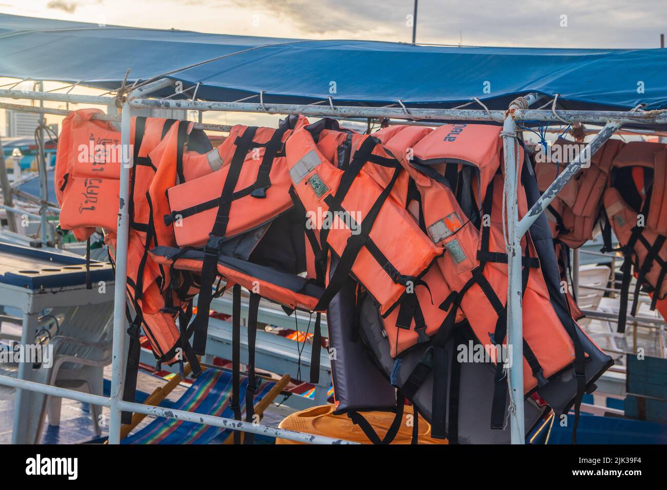Protective life jackets on a tour boat Stock Photo Alamy