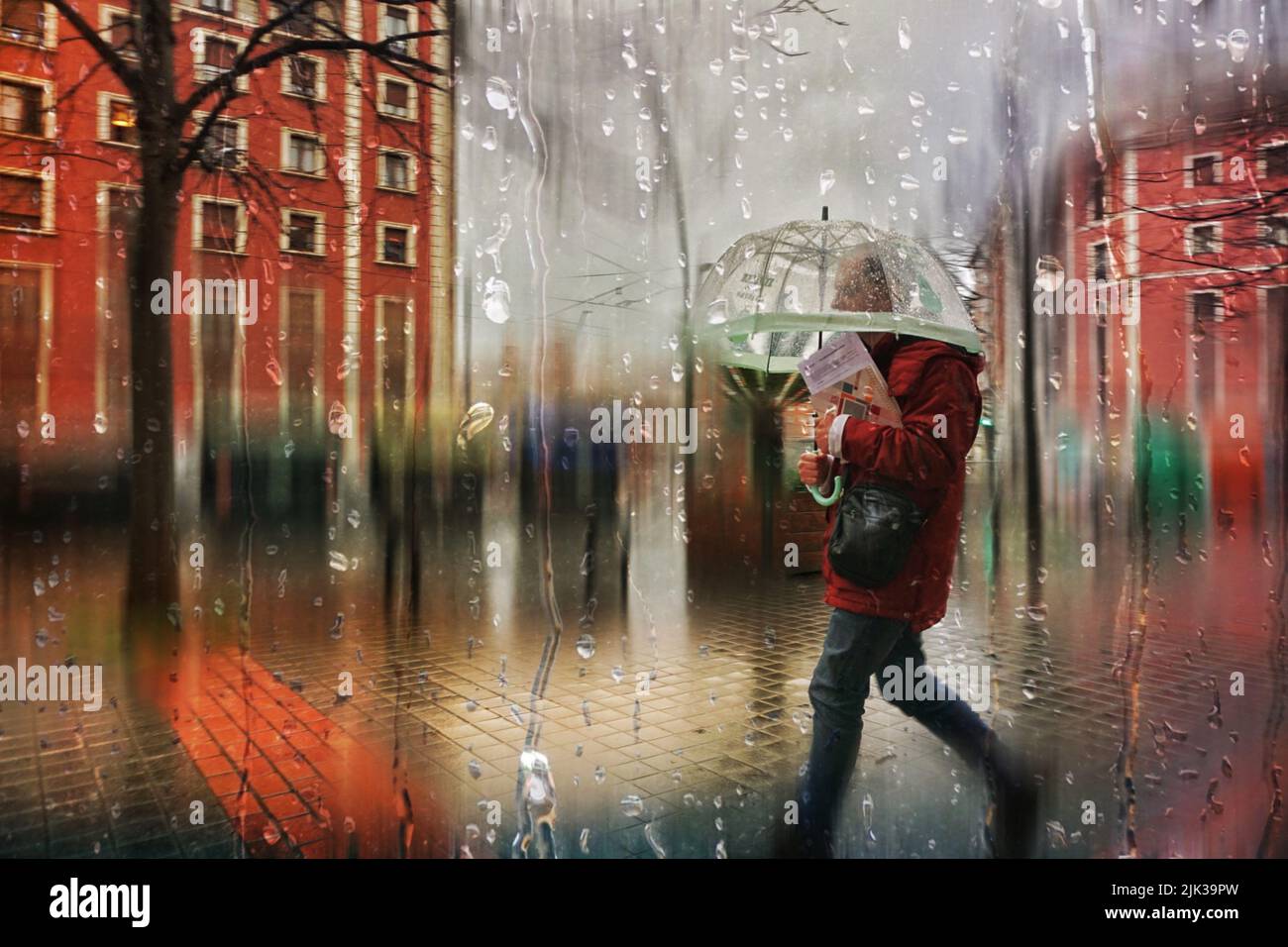 people with an umbrella on the street in rainy days, autumn season ...