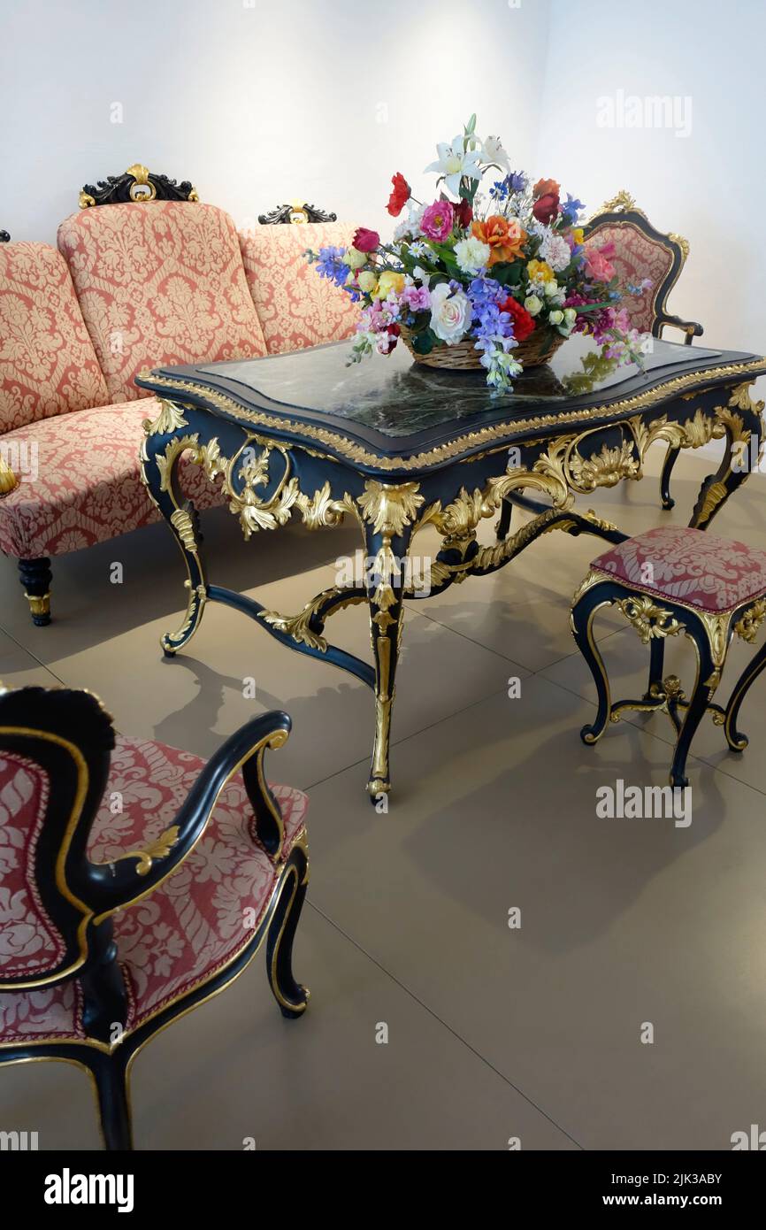 Black and Golden Salon Furniture (Baroque and Rococo, mid 18th-late 19th century). From the Murska Sobota castle-Slovenia. Stock Photo