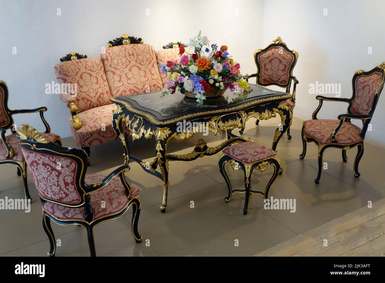 Black and Golden Salon Furniture (Baroque and Rococo, mid 18th-late 19th century). From the Murska Sobota castle-Slovenia. Stock Photo