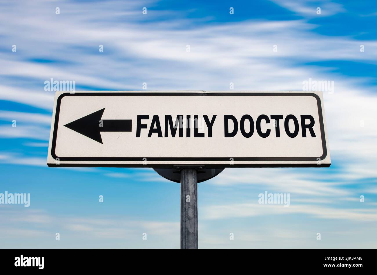 Family doctor arrow road sign. Free medicine concept. Stock Photo