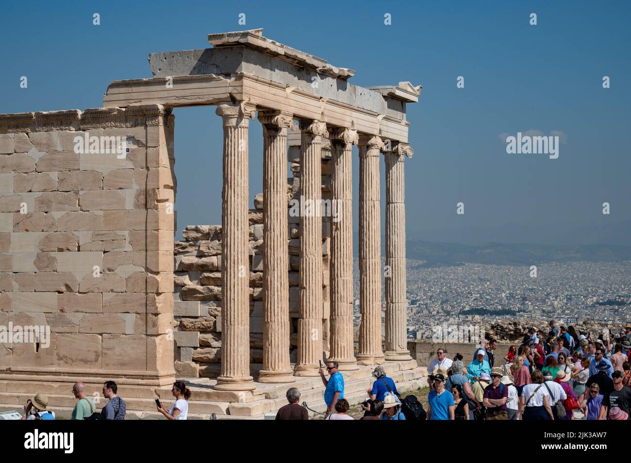 ATHENS, GREECE - MAY 14, 2022: The Acropolis of Athens is an ancient citadel perched on a rocky outcrop above the city of Athens. Sunny day Stock Photo