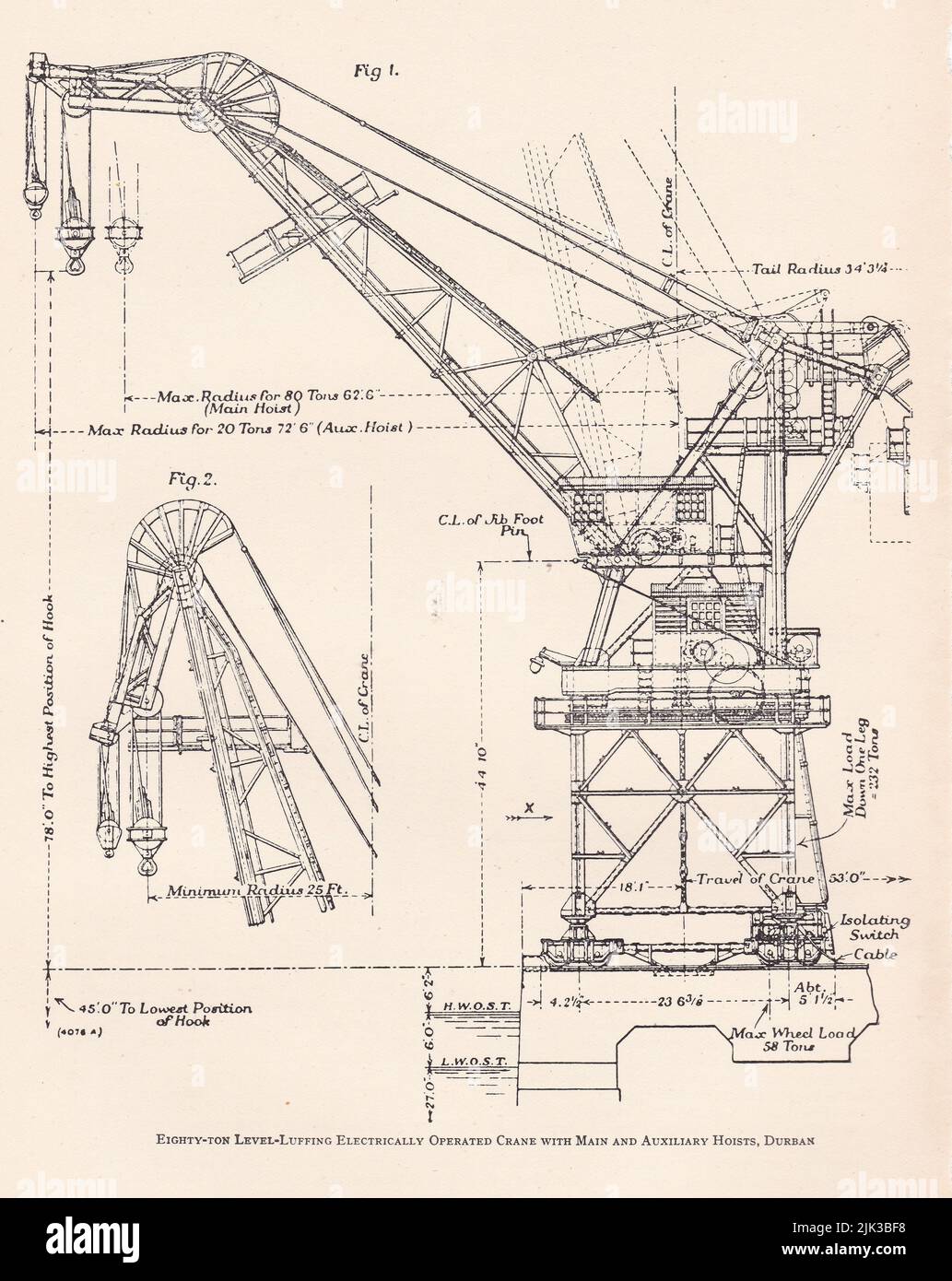 Vintage diagram of a eighty ton level luffing electrically operated crane with main and auxiliary hoists, Durban. Stock Photo