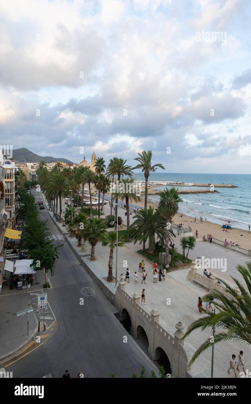 Panoramic view of the La Ribera beach of Sitges, Barcelona Province, Spain Stock Photo