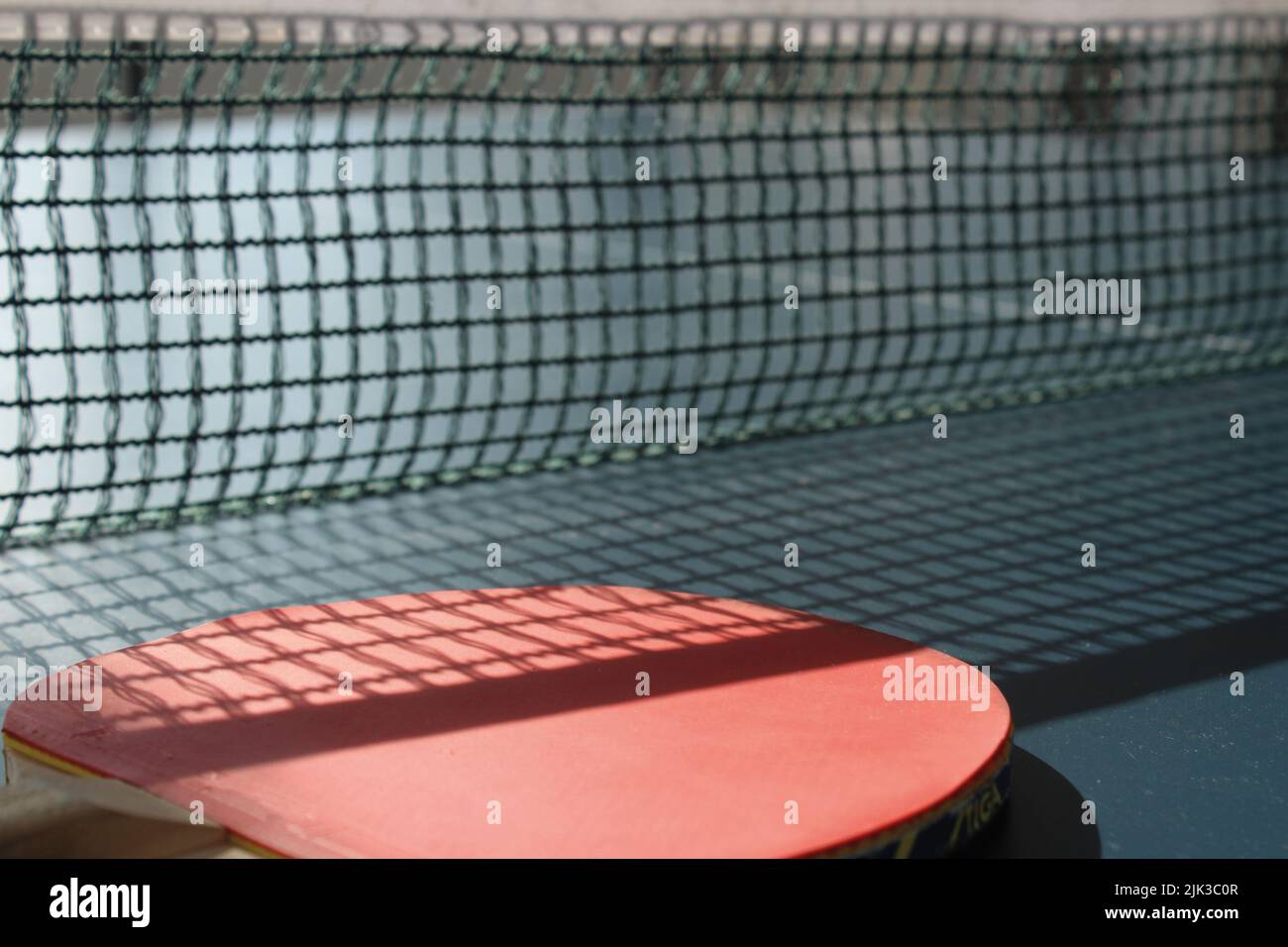 Ping pong racket and net on the back. Ping pong sport idea concept. Table tennis equipment. No people, nobody. Stock Photo