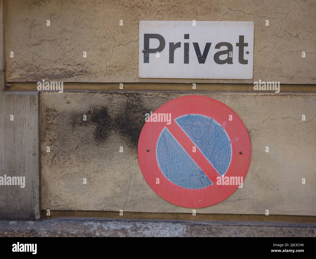 Prohibiting Traffic Sign. Stop Is Forbidden Sign Closeup On wall background, swiss city Stock
