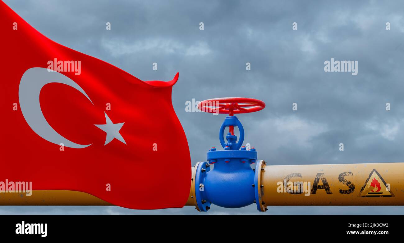 turkey gas, valve on the main gas pipeline turkey, Pipeline with flag turkey, Pipes of gas from turkey, 3D work and 3D image Stock Photo