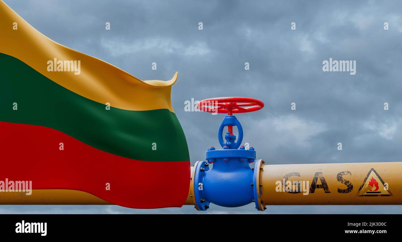 Lithuania gas, valve on the main gas pipeline Lithuania, Pipeline with flag Lithuania, Pipes of gas from Lithuania, 3D work and 3D image Stock Photo
