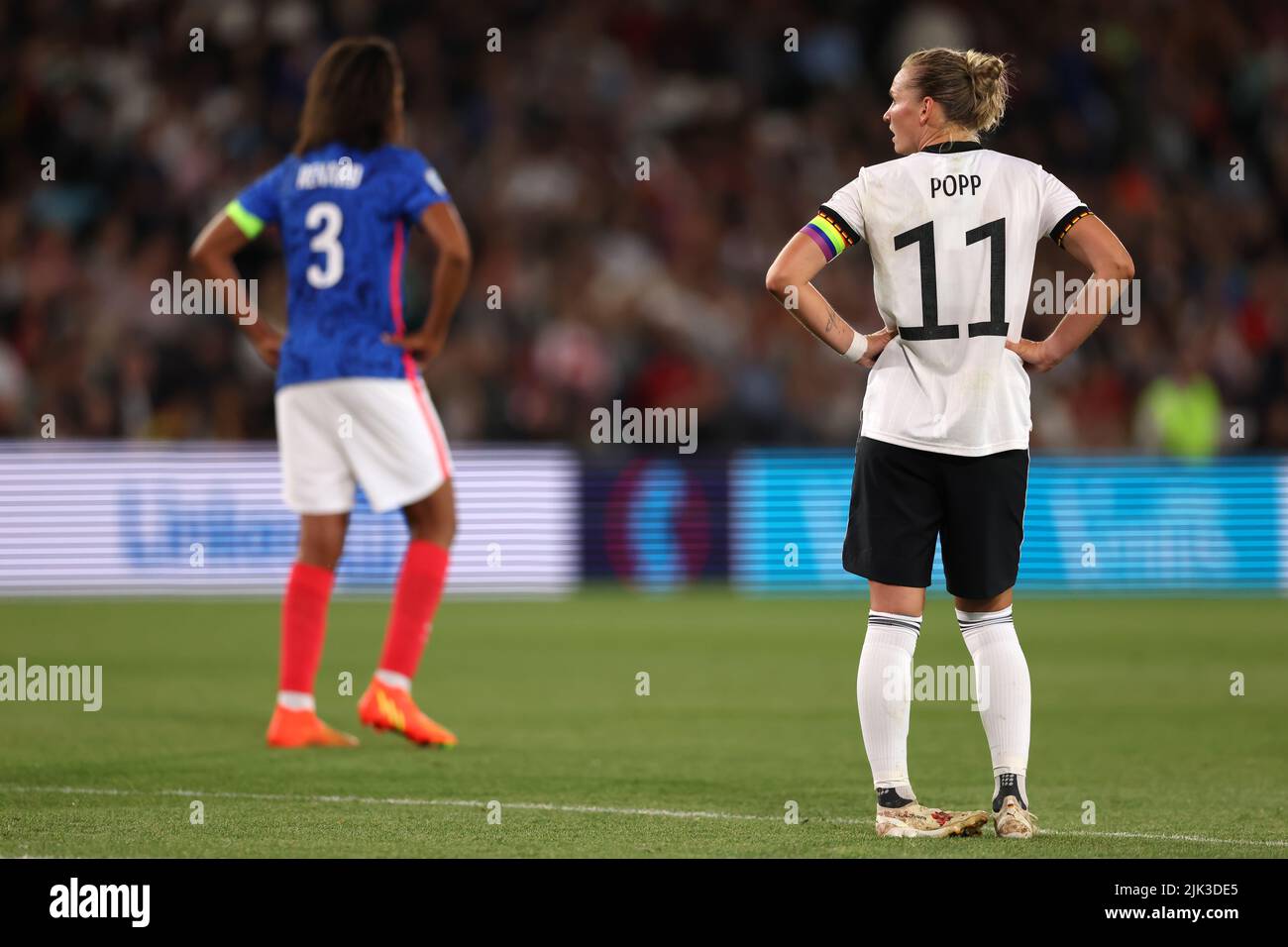Milton Keynes, England, 27th July 2022. Alexandra Popp of Germany and Wendie Renard of France during the UEFA Women's European Championship 2022 match at stadium MK, Milton Keynes. Picture credit should read: Jonathan Moscrop / Sportimage Stock Photo