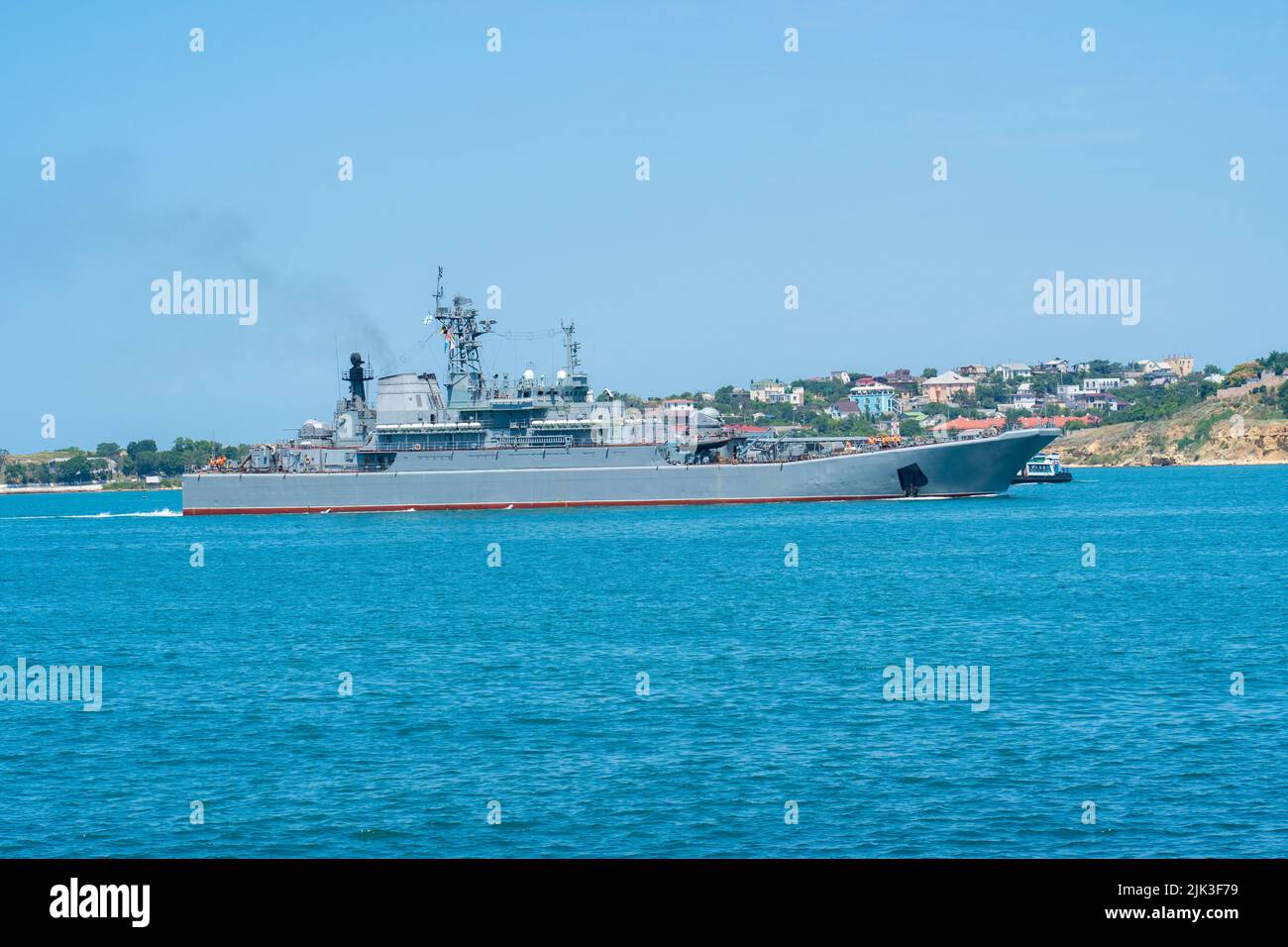 RUSSIA, CRIMEA - JUL 08, 2022: Russian group sevastopol russia navy military day sky parade rehearsal, from water vessel for marine from naval force Stock Photo