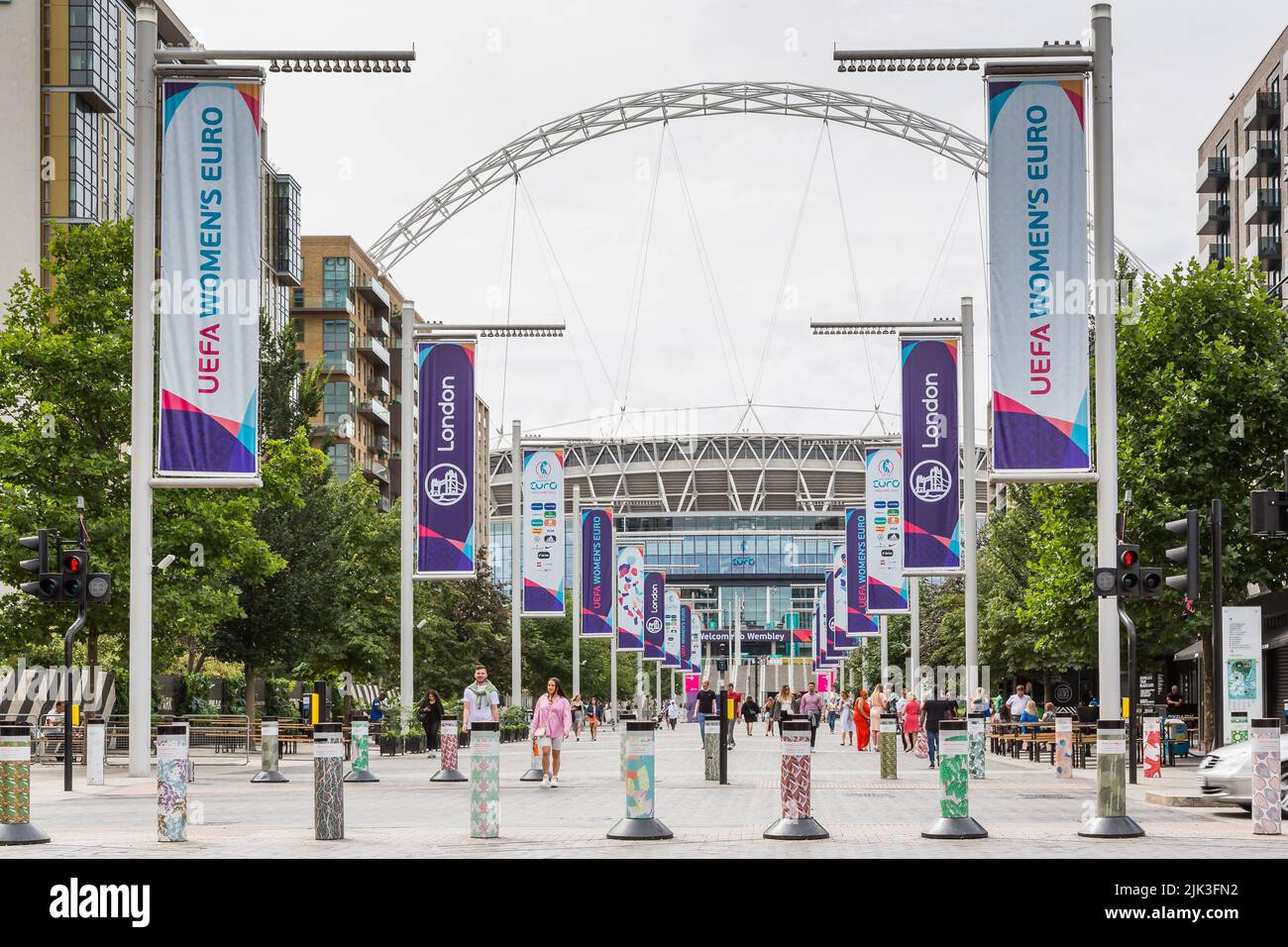 Wembley Stadium, London,UK. 30th July 2022.Banners displayed on Olympic Way ahead of the Women's UEFA European Football Championship Final held at Wembley Stadium tomorrow. England's Lionesses beat Sweden 4-0 in the Semi Finals earlier this week and will face Germany in UEFA Women's EURO final on Sunday 31 July 2022 at Wembley Stadium. Amanda Rose/Alamy Live News Stock Photo