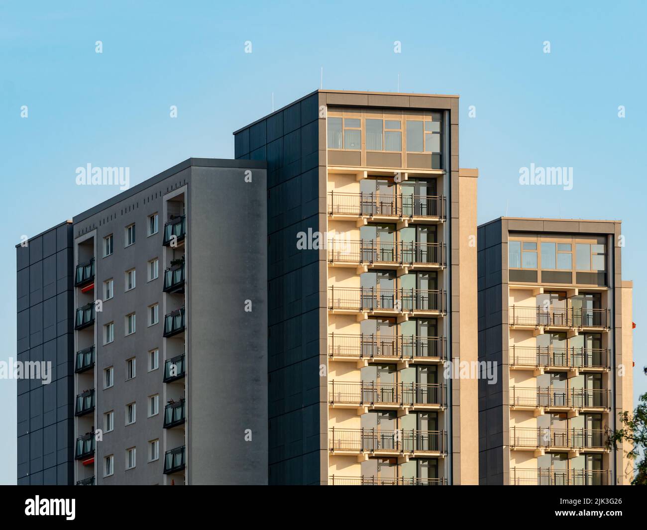 Top of the WHH 17 apartment buildings in the city. Two of the towers next to each other. Residential architecture in the former East Germany. Stock Photo
