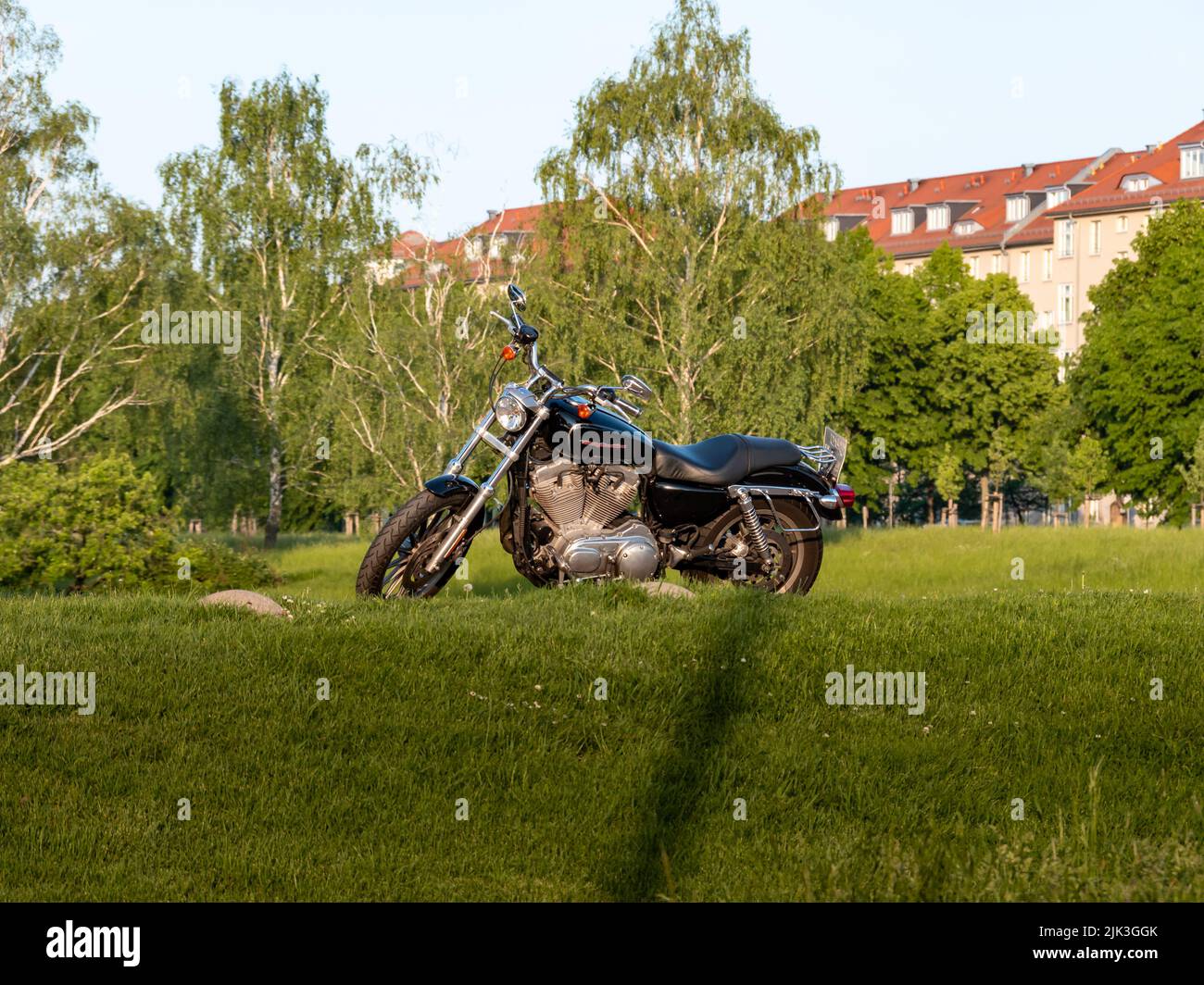 Harley-Davidson motorcycle standing in the green nature. Parking chopper motorbike on a natural path. Side view of the black bike. American lifestyle Stock Photo
