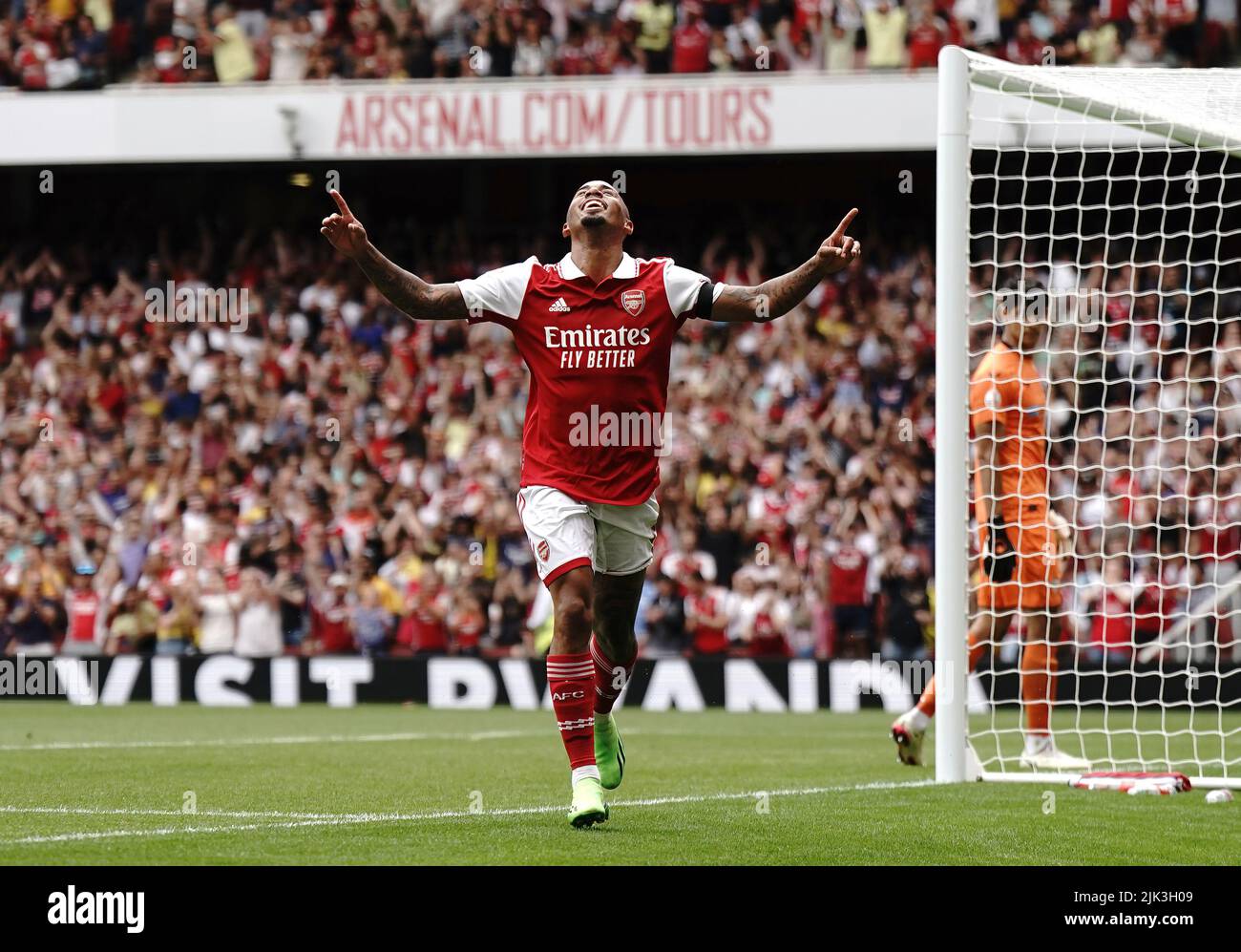 Arsenal's Gabriel Jesus celebrates scoring their side's third goal of the game during the Emirates Cup final at the Emirates Stadium, London. Picture date: Saturday July 30, 2022. Stock Photo