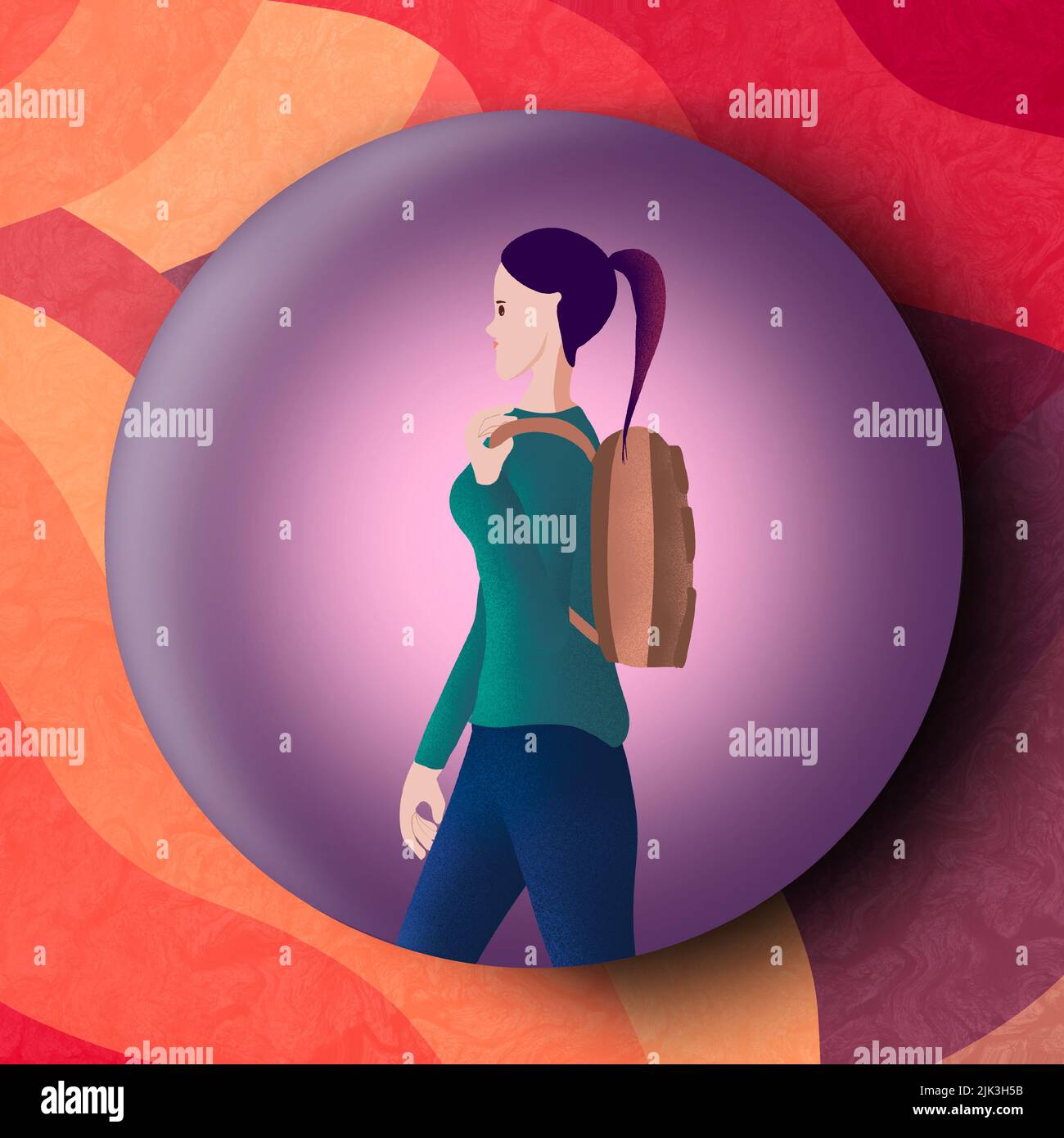 illustration of a girl with backpack. Flat drawing of a walking young female. High quality illustration Stock Photo