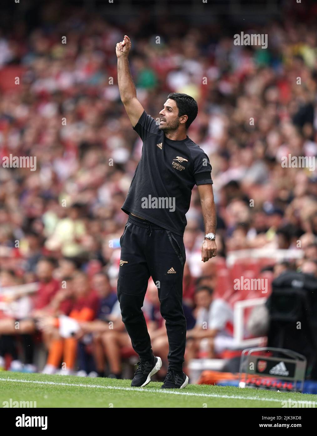 Arsenal manager Mikel Arteta on the touchline during the Emirates Cup final at the Emirates Stadium, London. Picture date: Saturday July 30, 2022. Stock Photo