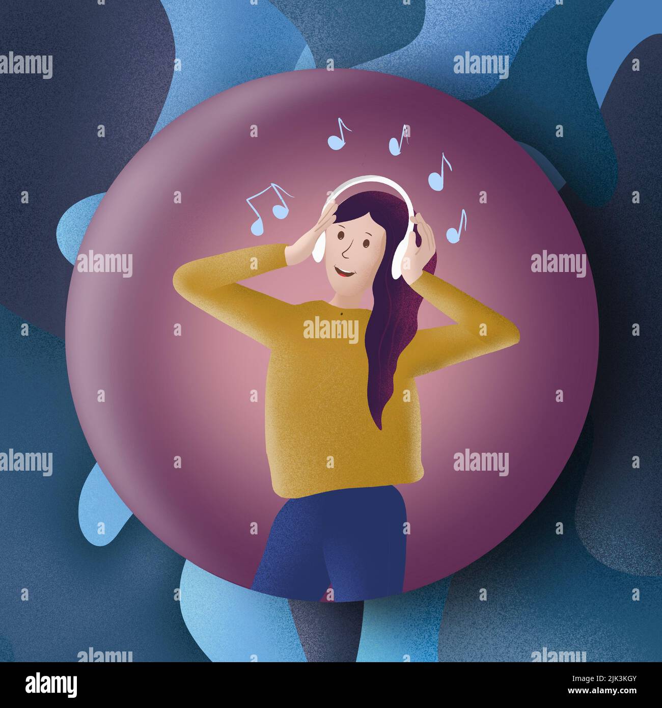 illustration of a girl is listning music. Flat drawing of a young female is listning music with headphone. High quality illustration Stock Photo
