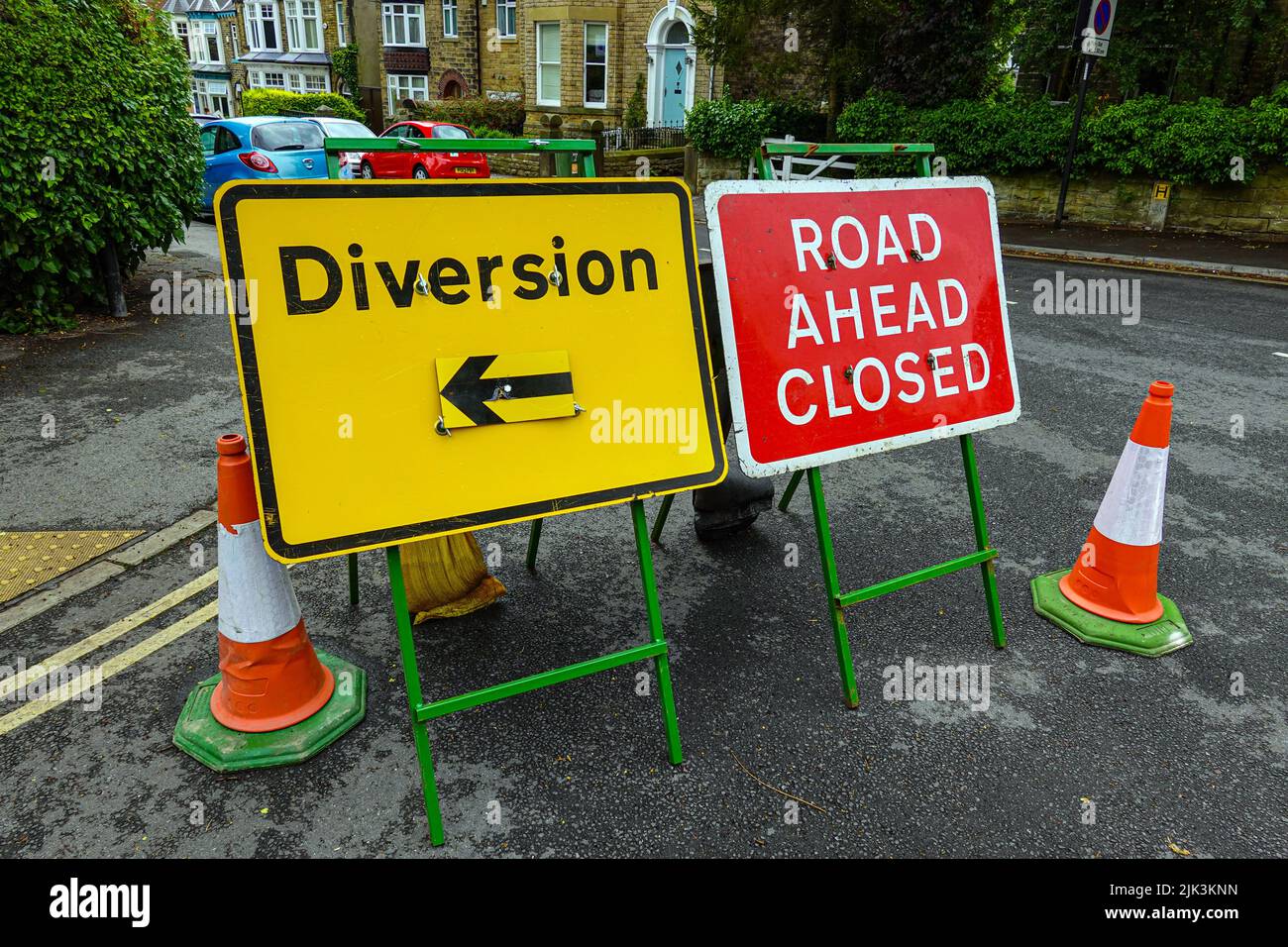 Road signs, Road Ahead Closed, Diversion, in Sheffield, South Yorkshire, UK Stock Photo