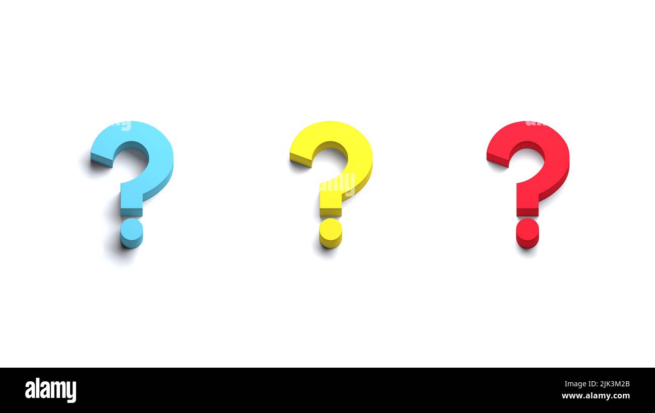 Three Question Marks blue, yellow, red colors symbol. 3D icon back to ...
