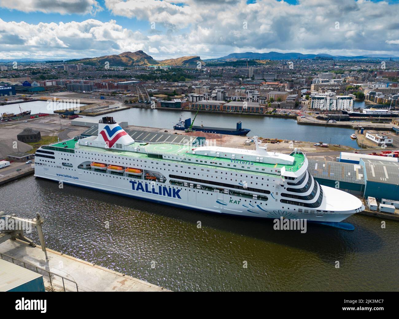 Leith, Scotland, UK. 30th July 2022. View of the Estonian ferry MS Victoria berthed at a dock in Leith, Edinburgh. The ferry has been acquired to temporarily house Ukrainian refugees who have arrived in Scotland. The first refugees have already moved into cabins on board. Iain Masterton/Alamy Live News Stock Photo