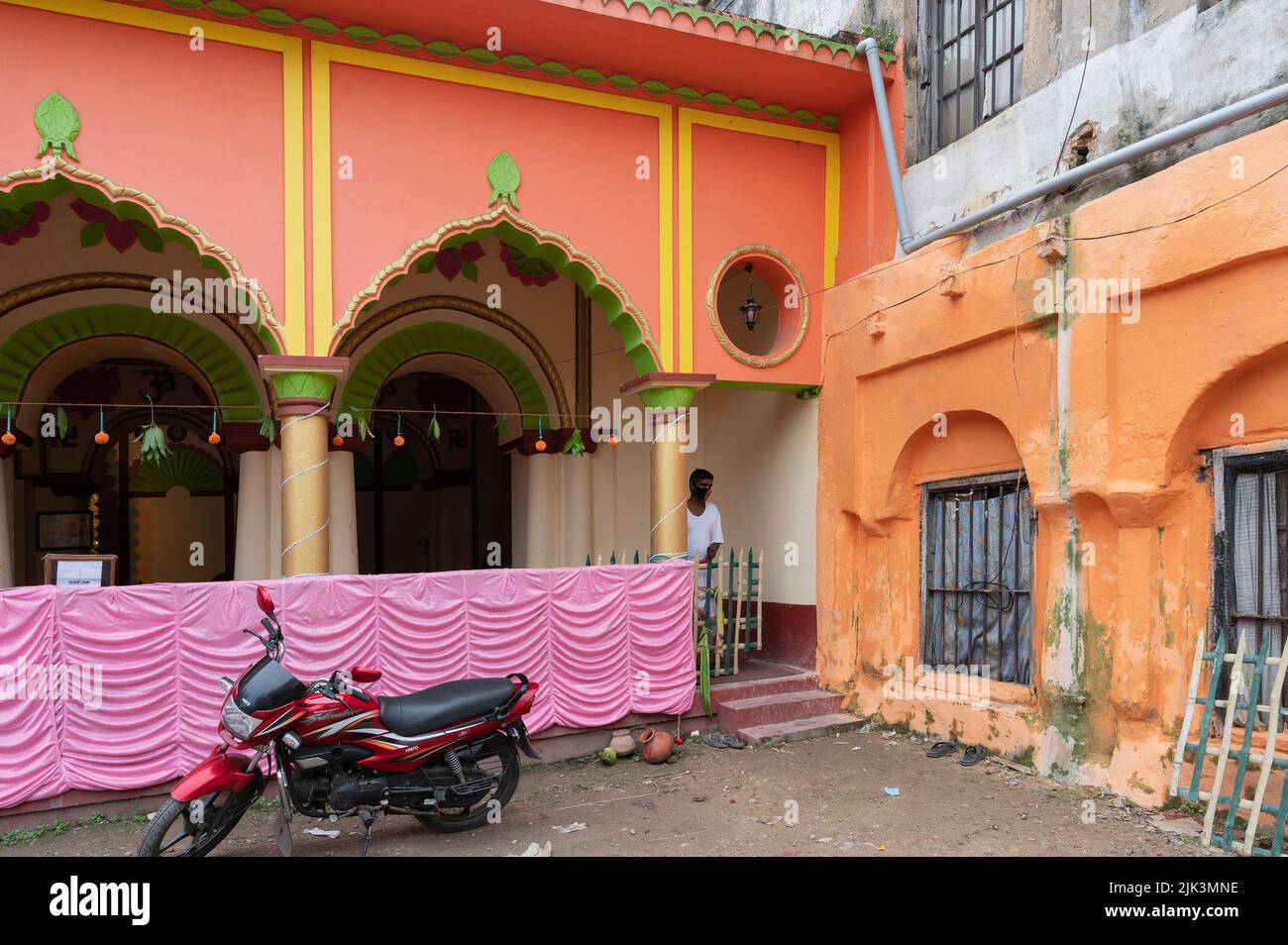 Howrah, India -October 26th, 2020 : Goddess Durga being worshipped inside old age decorated home. Durga Puja pandal, biggest festival of Hinduism. Stock Photo