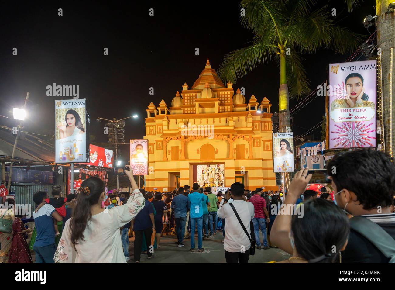 Kolkata, West Bengal, India - 12th October 2021 : Bagbazar Durga Puja, UNESCO Intangible cultural heritage of humanity. Devotees visiting Durga Puja. Stock Photo