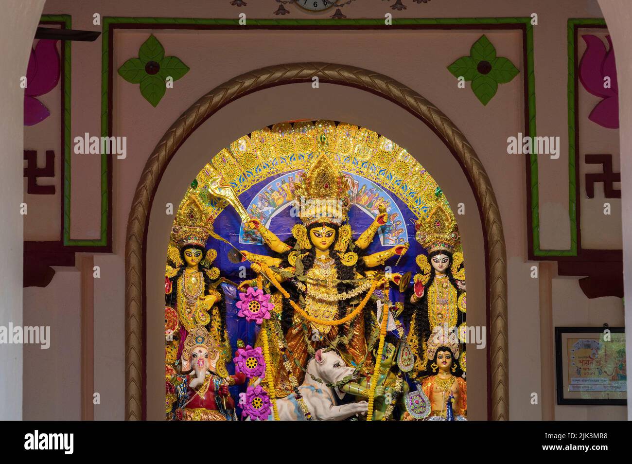 Howrah, India -October 26th, 2020 : Goddess Durga being worshipped inside old age decorated home. Durga Puja, biggest festival of Hinduism. Stock Photo