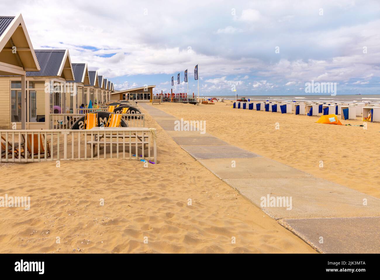 Summer atmosphere along the North Sea coast: Chalets and cabins in Katwijk, South Holland, The Netherlands. Stock Photo