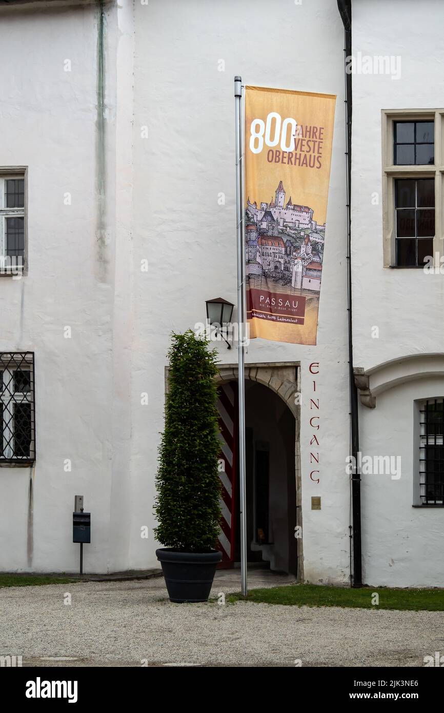 PASSAU, GERMANY - 07/12/2019:  Entrance to the Oberhaus fortress museum with banner celebrating 800 years of the fortress (founded 1219) Stock Photo