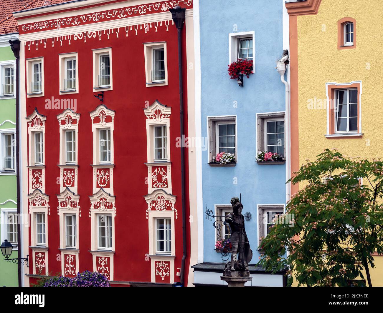 SCHARDING, AUSTRIA - JULY 12, 2019:  Pretty Baroque style town houses in the Old Town Stock Photo