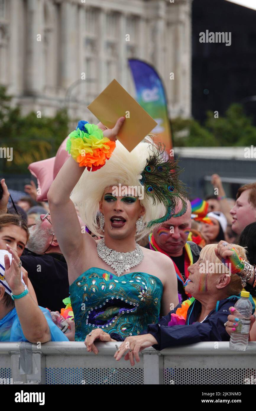 Liverpool, UK. 30th July, 2022. Artists performing on stage after Pride in Liverpool returns after a two year break due to the pandemic, with a parade through the city center followed by a music festival in front of the Pier Head's iconic waterfront buildings. Credit: ken biggs/Alamy Live News Stock Photo
