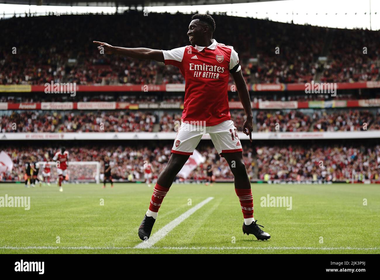 Arsenal's Eddie Nketiah celebrates scoring their side's sixth goal of the game during the Emirates Cup final at the Emirates Stadium, London. Picture date: Saturday July 30, 2022. Stock Photo