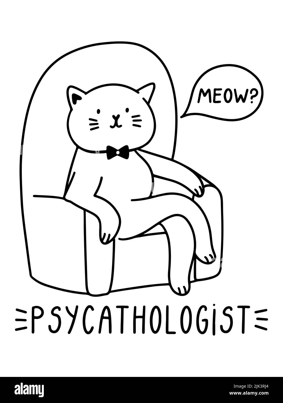Psycathologist funny illustration with cat. Friendship between humans and animals concept. Stock Photo