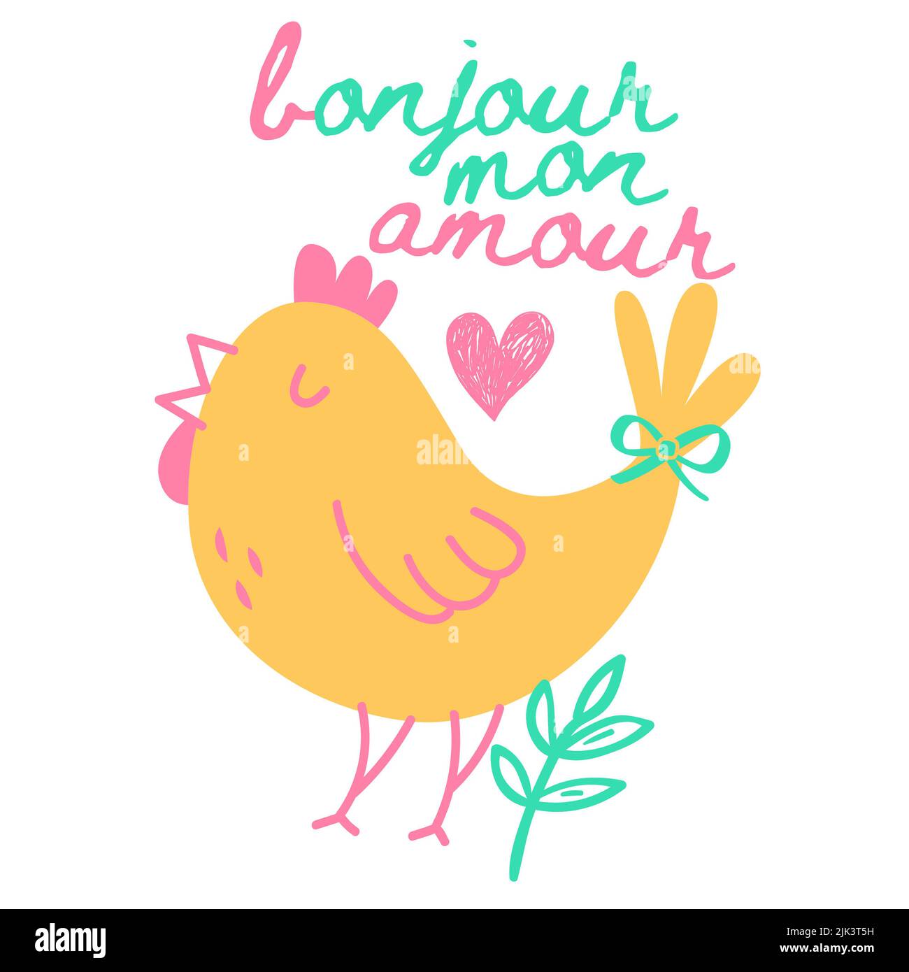 Bonjour mon amour card illustration with bird in the background Stock Photo