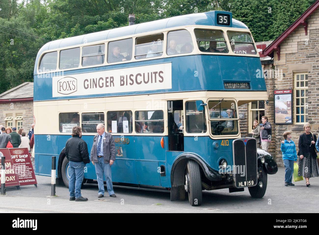 A preserved vintage Bradford corporation double decker bus outside Haworth railway station Stock Photo