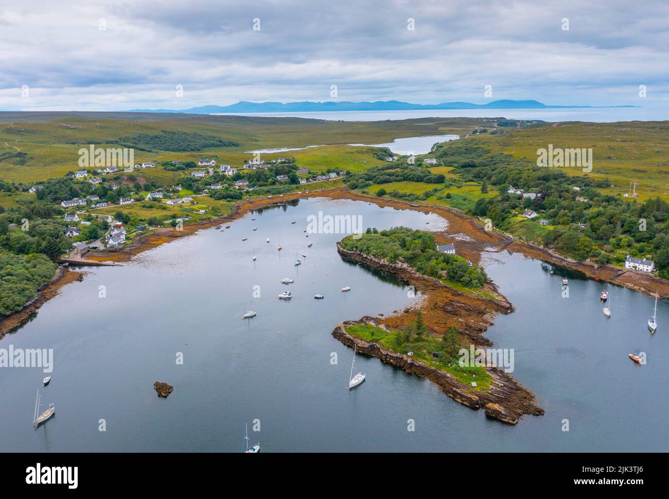 Aerial view of village of Badachro in Ross and Cromarty, Scotland, UK ...