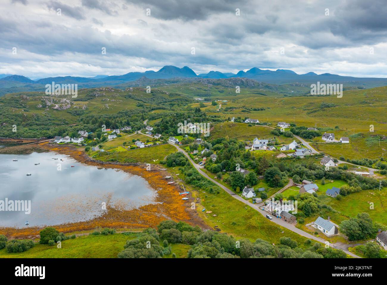 Aerial view of village of Badachro in Ross and Cromarty, Scotland, UK