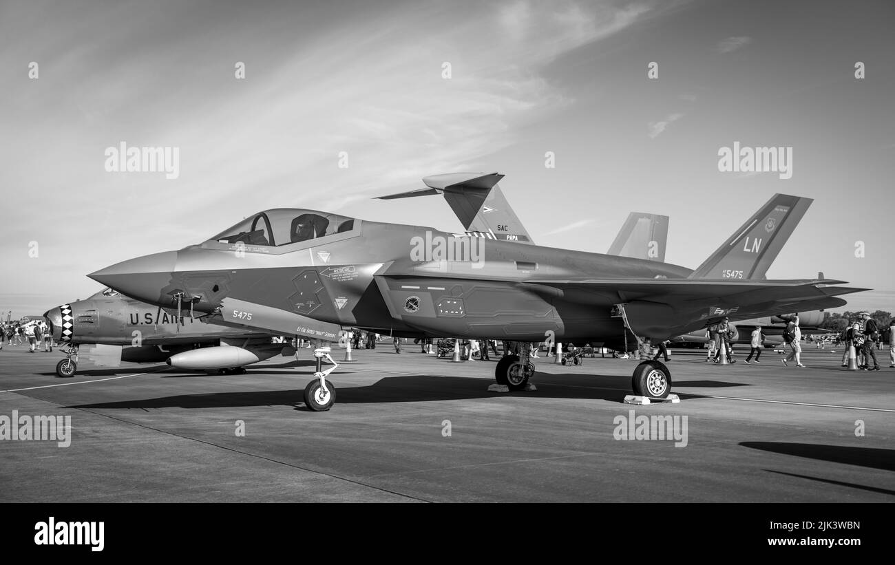 Lockheed Martin F-35A Lightning II of the 495th Fighter Squadron 'the Valkyries' on display at the RIAT 2022 celebrating 75th year of the USAF Stock Photo