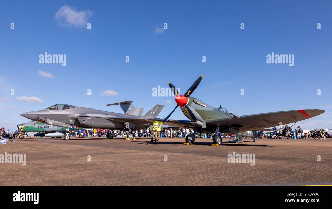 The American Spitfire 'RW832' & Lockheed Martin F-35A Lightning II of the 495th Fighter Squadron 'the Valkyries' on display at the RIAT 2022 Stock Photo