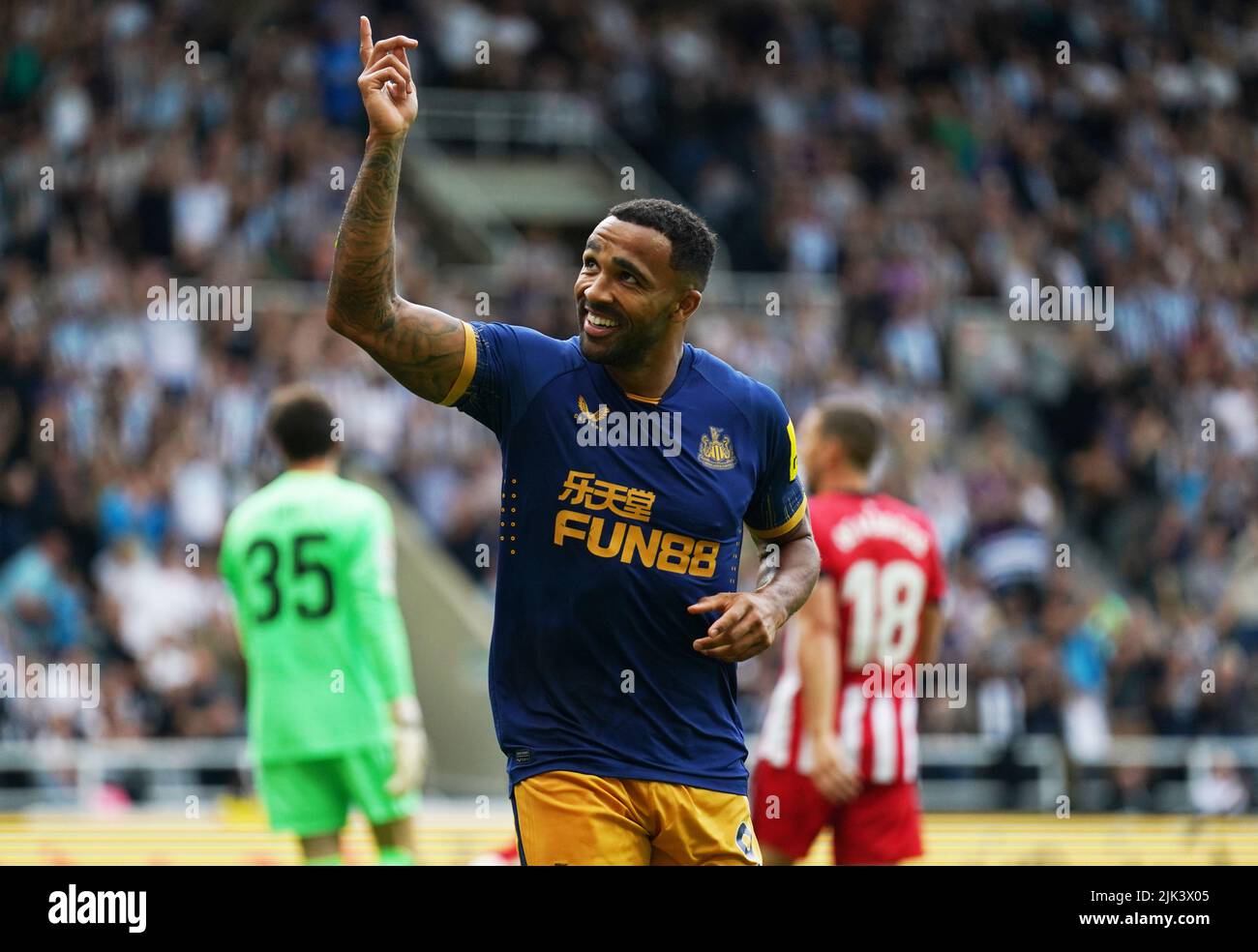 Newcastle's Callum Wilson celebrates scoring their side's first goal of the game during the pre-season friendly match at St. James' Park, Newcastle upon Tyne. Picture date: Saturday July 30, 2022. Stock Photo