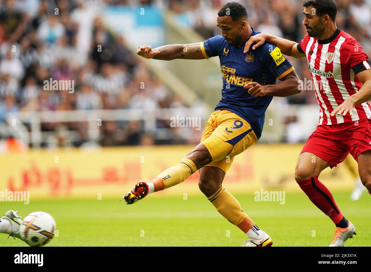 Newcastle's Callum Wilson scores their side's first goal of the game during the pre-season friendly match at St. James' Park, Newcastle upon Tyne. Picture date: Saturday July 30, 2022. Stock Photo