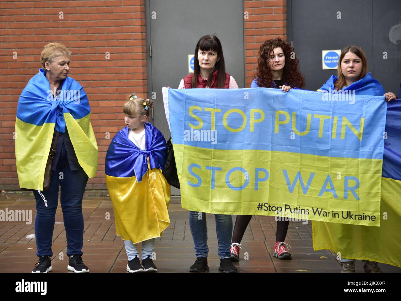 Manchester, UK, 30th July, 2022. “Stand with Ukraine” anti-war rally, a protest about the Russian invasion of Ukraine in Piccadilly Gardens, central Manchester, England, United Kingdom, British Isles. The protests are organised by the Ukrainian Cultural Centre, Manchester. Credit: Terry Waller/Alamy Live News Stock Photo