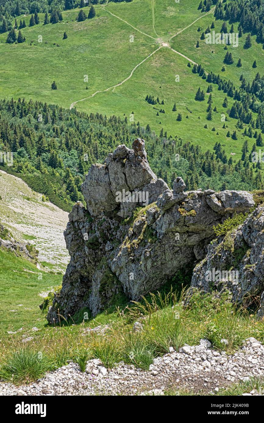 Medziholie saddle from Big Rozsutec peak, Little Fatra, Slovak republic. Hiking theme. Seasonal natural scene. Stock Photo