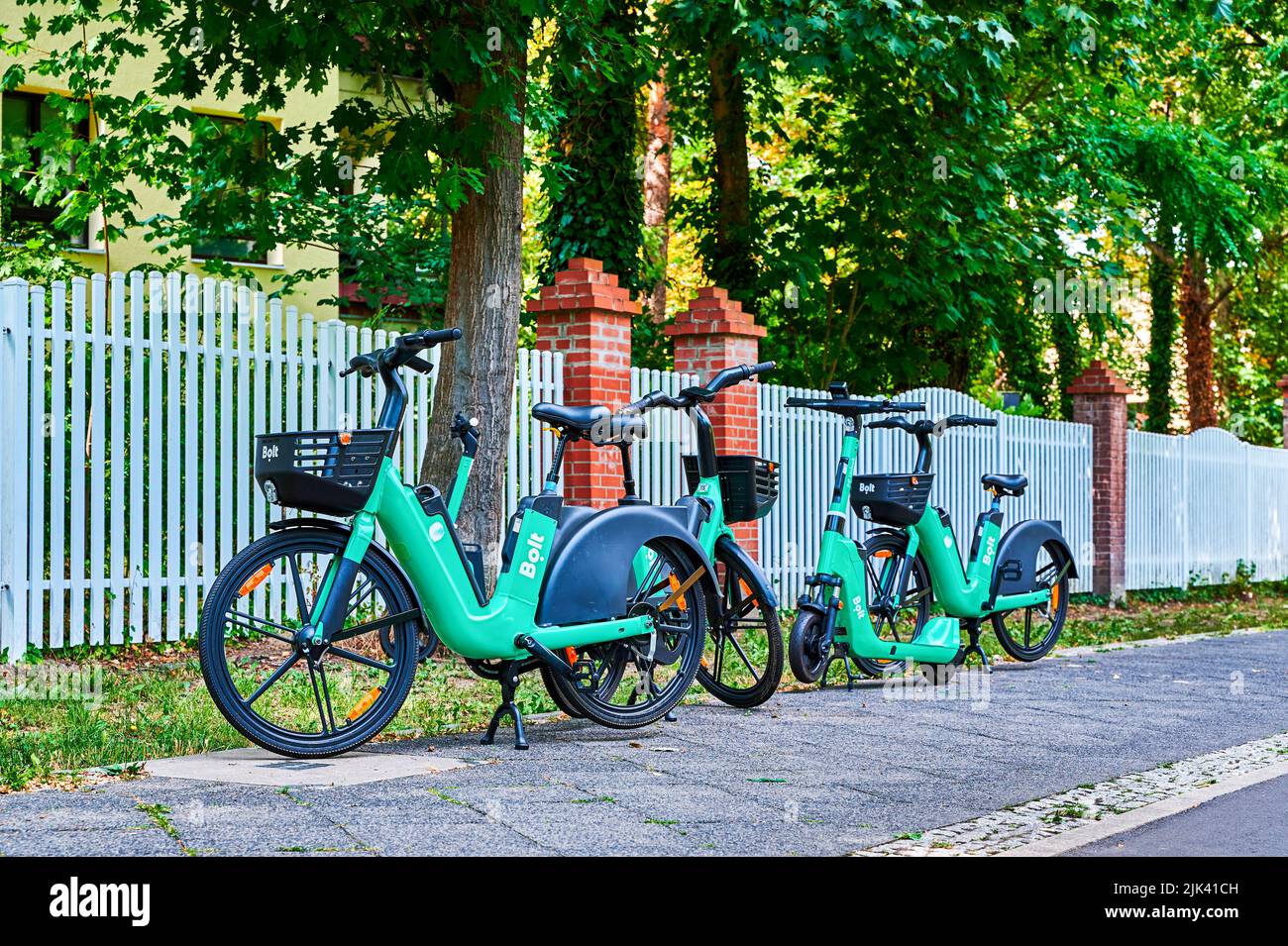 Berlin, Germany July 29, 2022 Scooters and bikes with electric drive