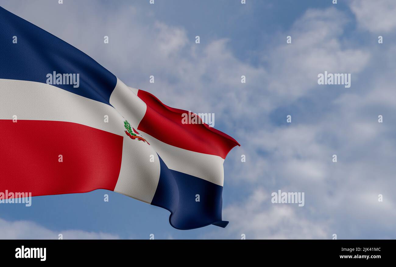 National flag Dominican Republic, Dominican Republic flag, fabric flag Dominican Republic, blue sky background with Dominican Republic flag, 3D work a Stock Photo
